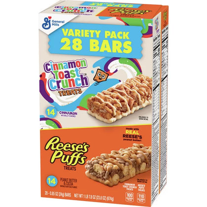 Reese's Puffs and Cinnamon Toast Crunch, Breakfast Bar Variety Pack, 28 Barras