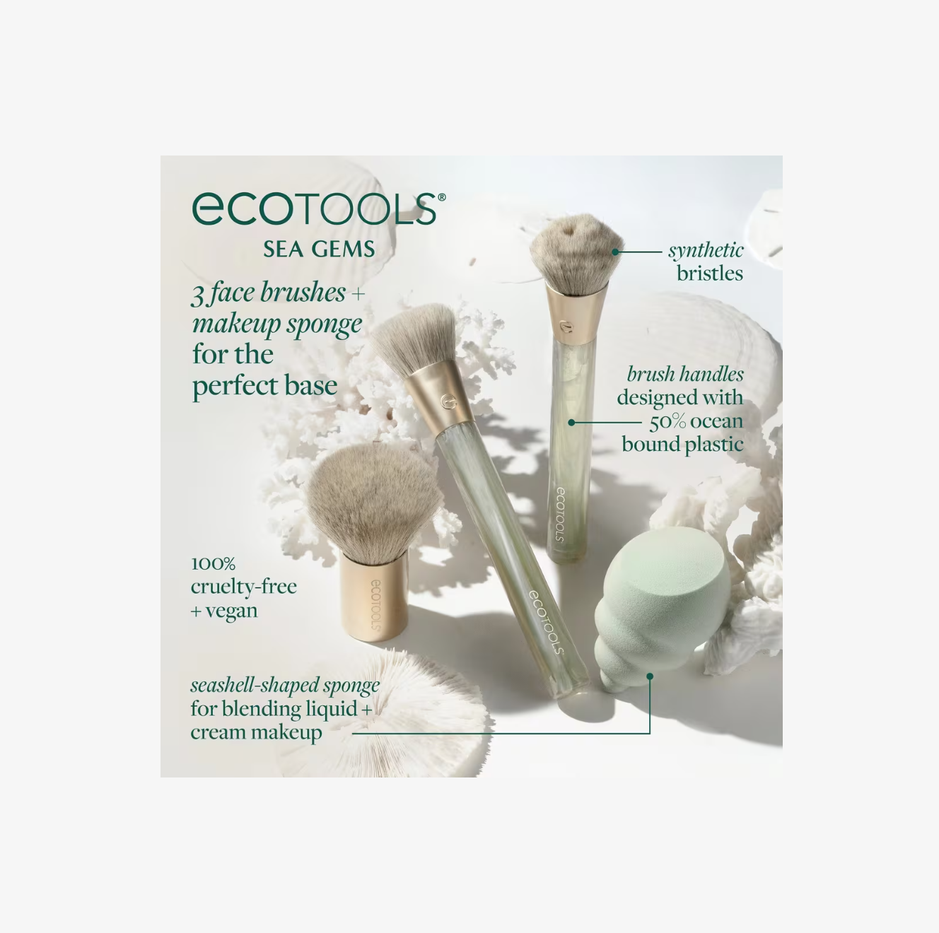 Set de Brochas y Esponja Sea Gems Face Makeup Brush & Sponge Set de EcoTools