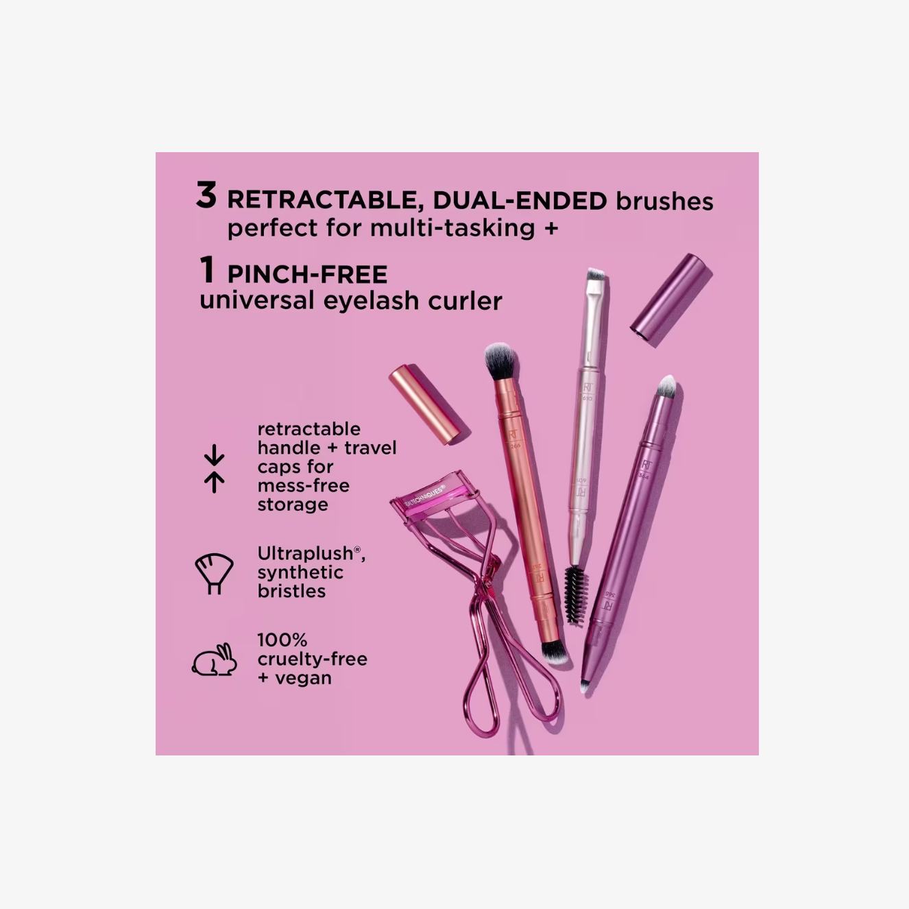 Brocha de Maquillaje Double Time + Set Rizador de Pestañas