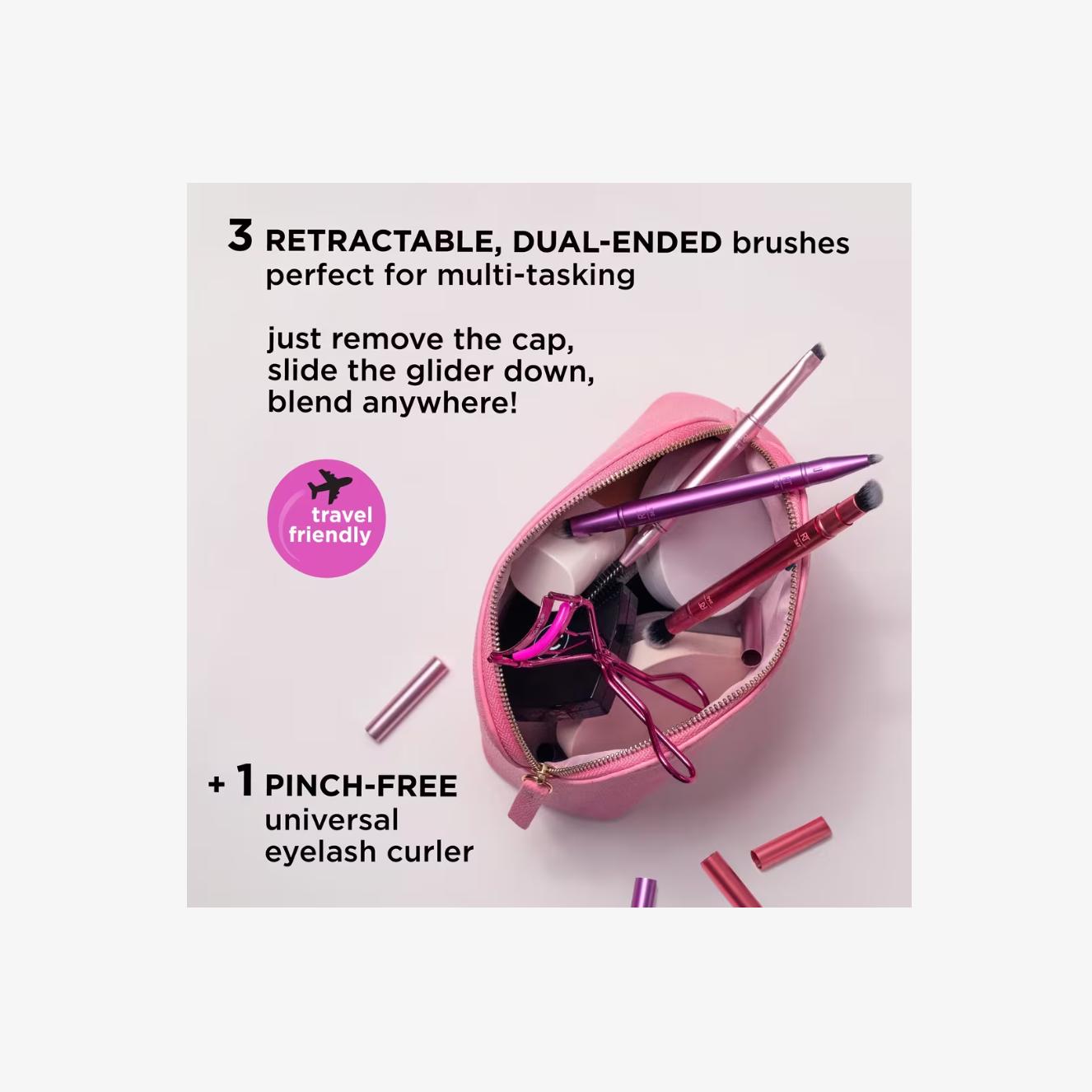 Brocha de Maquillaje Double Time + Set Rizador de Pestañas