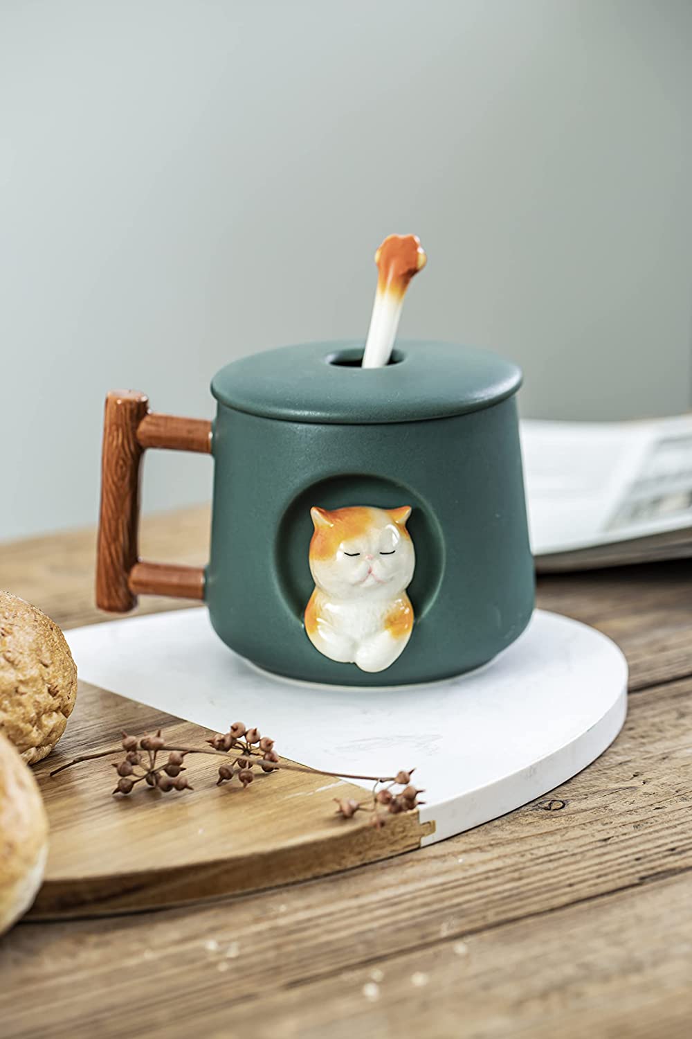  SHENDONG Taza de gato con tapa y cuchara estilo