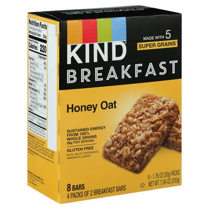KIND Breakfast, Healthy Snack Bar, Honey Oat, Gluten Free, 100% Whole Grains, 1.76 OZ Packs (4 Barritas)