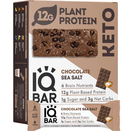 IQBAR Brain and Body Keto Protein Bars - Chocolate Sea Salt Keto Bars - 12 Count Energy Bars