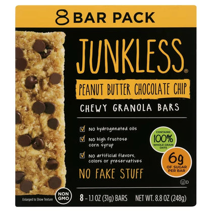 JUNKLESS Non-GMO Delicious Chewy Peanut Butter Chocolate Chip Granola Bars, Cont. 8, 1.1 oz