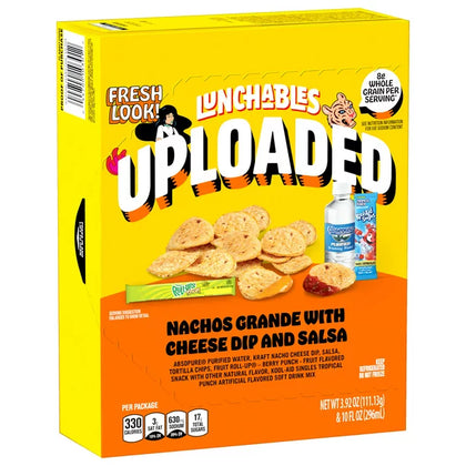Lunchables Uploaded Nachos Grande with Cheese Dip and Salsa Meal Kit with Tortilla Chips, Fruit Roll-Ups Sour Berry Punch, Agua Absopure y Kool-Aid Tropical Punch, Caja de 13.92 oz