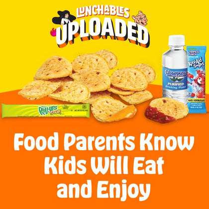Lunchables Uploaded Nachos Grande with Cheese Dip and Salsa Meal Kit with Tortilla Chips, Fruit Roll-Ups Sour Berry Punch, Agua Absopure y Kool-Aid Tropical Punch, Caja de 13.92 oz