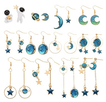 Set de Aretes Universo Galaxia Astronauta 12 pares Sistema Solar