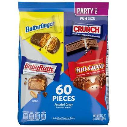 Butterfinger, CRUNCH, Baby Ruth and 100 Grand - Variedad de 60 Barras de Chocolate Fun Size, 37.2oz
