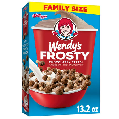 Kellogg's Wendy's Frosty Breakfast Cereal, Cereal de Fibra, Snak de Cereal para Niños, Family Size, Chocolate, 13.2oz Box