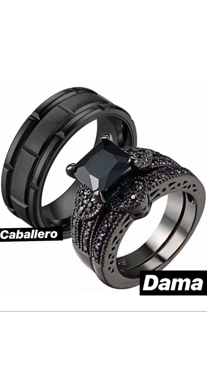 Set De Anillos Para Pareja Negros Piedra Zirconia