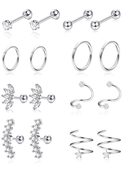 Set De Aretes Perforación Helix 8 pares Plateado