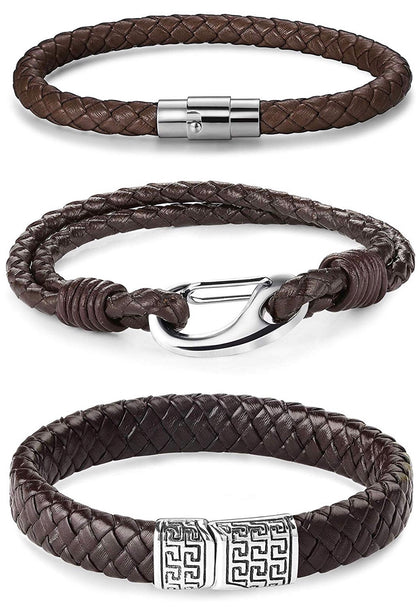 Set De 3 Piezas Brazaletes Caballero Brown Silver
