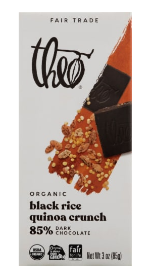 Theo Organic Fair Trade Black Rice Quinoa Crunch 85% Dark Chocolate Bar